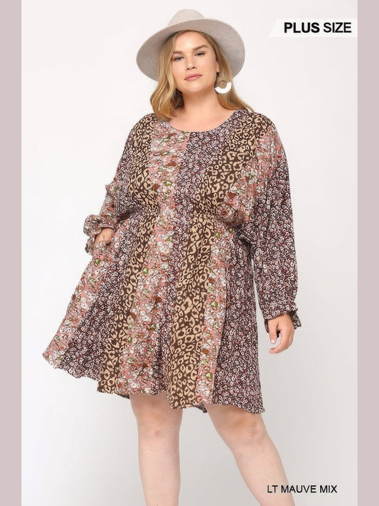 Women Print Mixed Dolman Sleeve Dress With Side Pockets