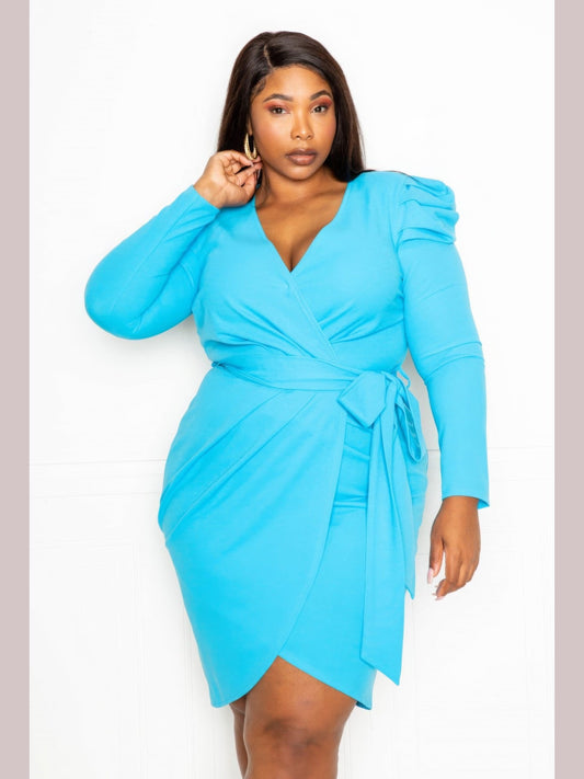 Women Padded Shoulder Wrap Midi Dress NicholesGifts