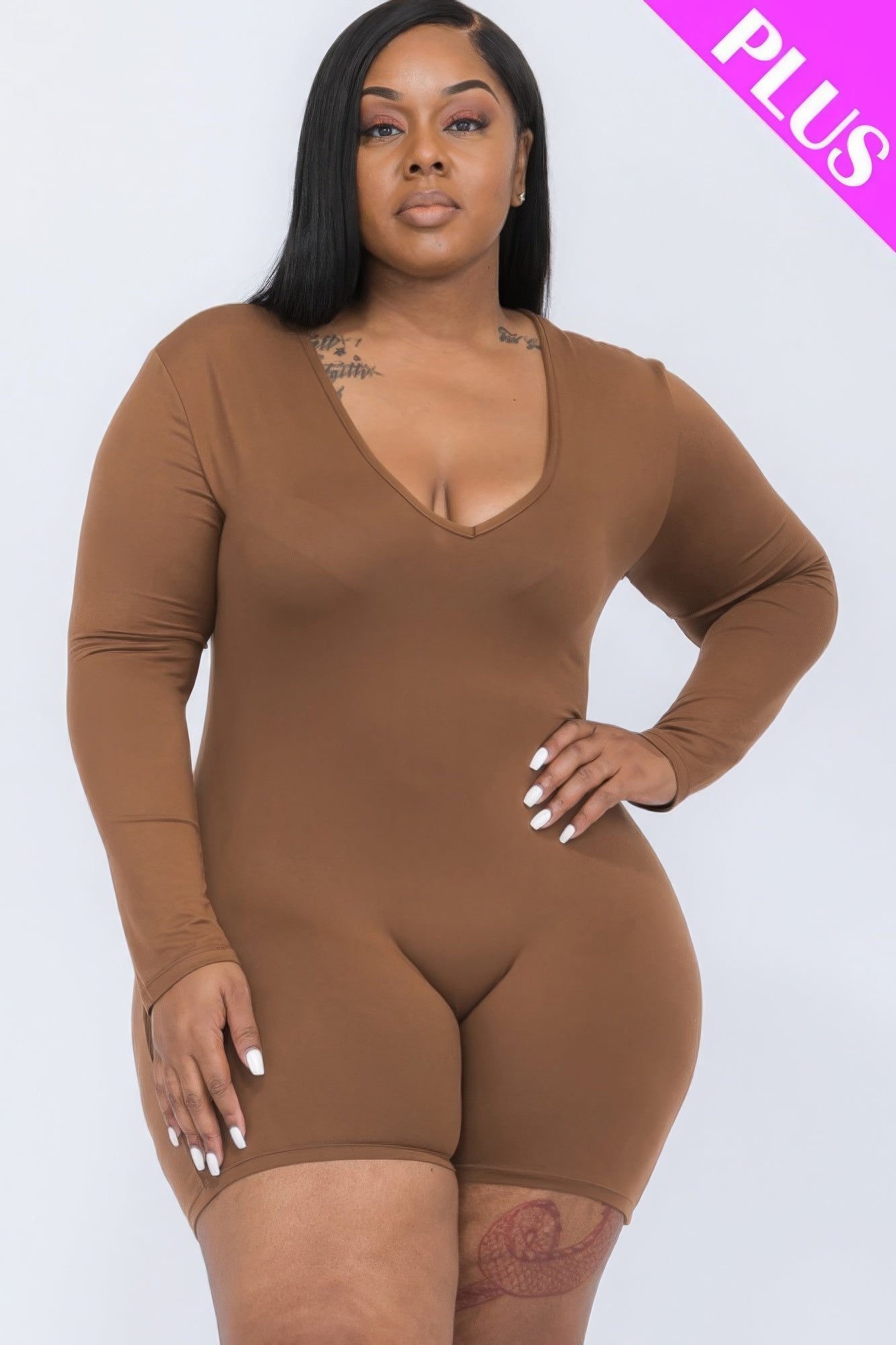 Plus V-neck Long Sleeve Bodycon Romper NicholesGifts