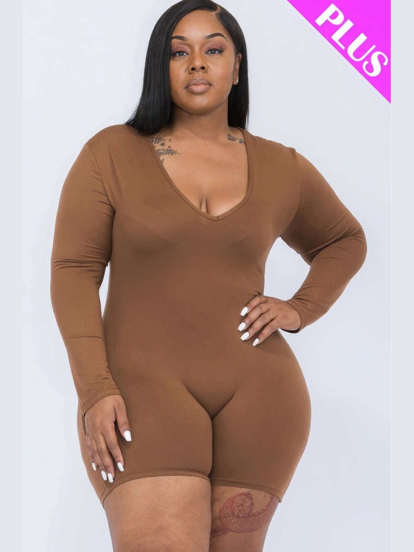 Plus V-neck Long Sleeve Bodycon Romper NicholesGifts