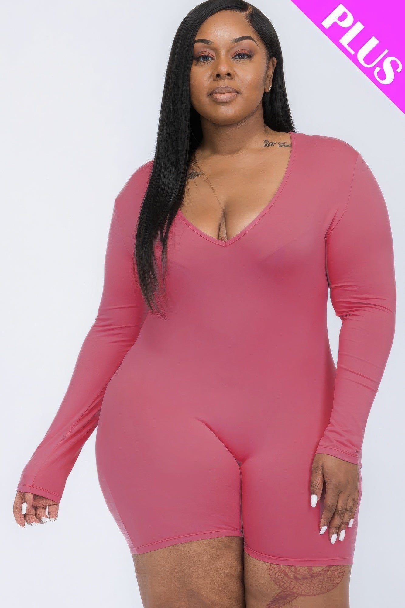 Plus V-neck Long Sleeve Bodycon Romper NicholesGifts