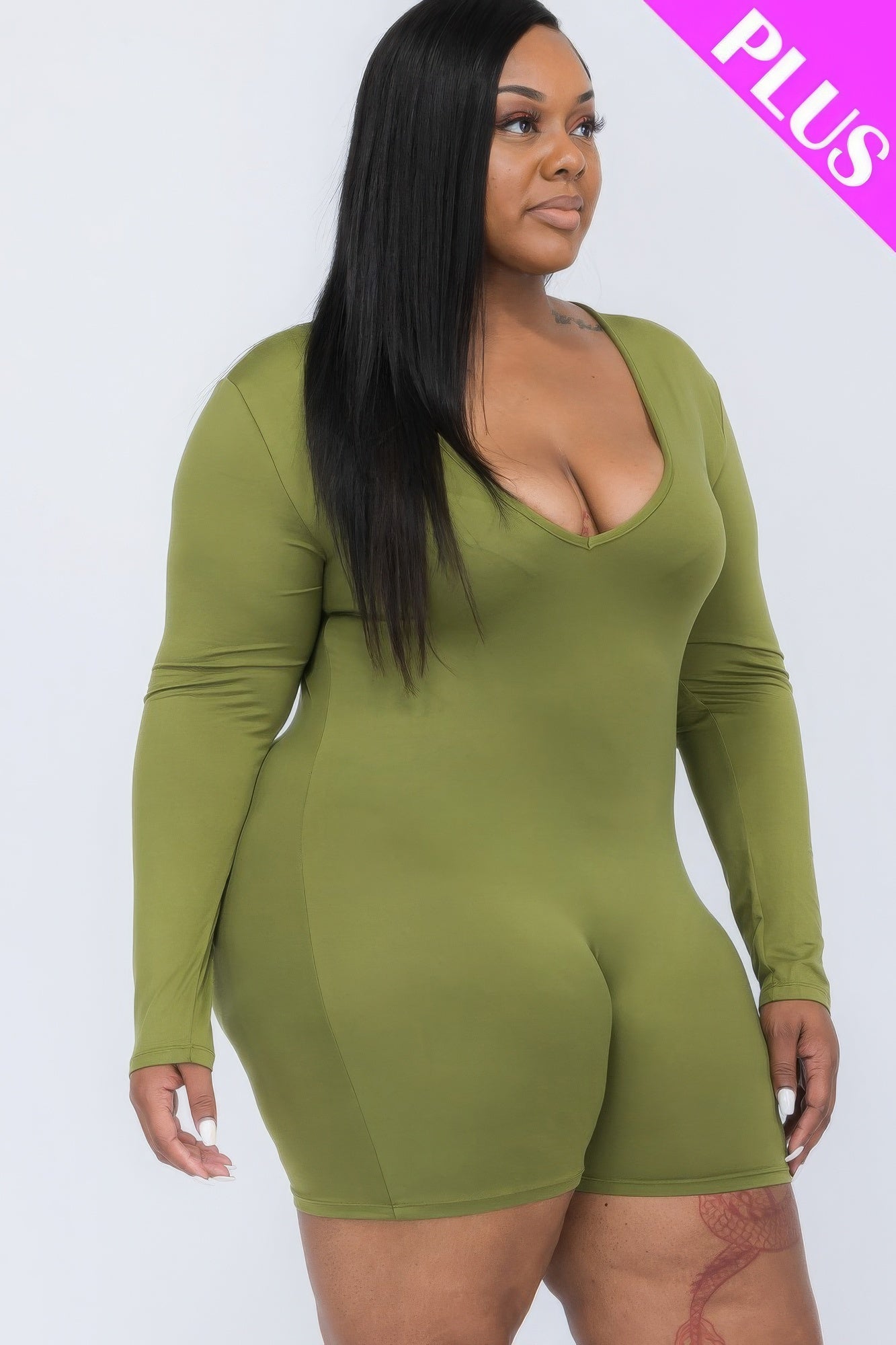 Plus V-neck Long Sleeve Bodycon Romper NicholesGifts