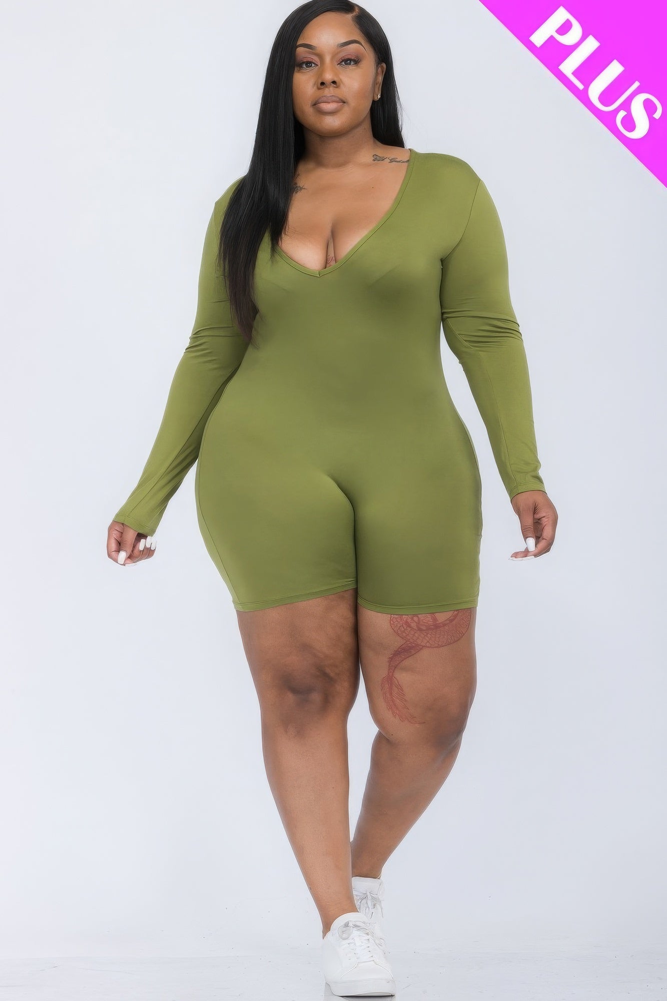 Plus V-neck Long Sleeve Bodycon Romper NicholesGifts