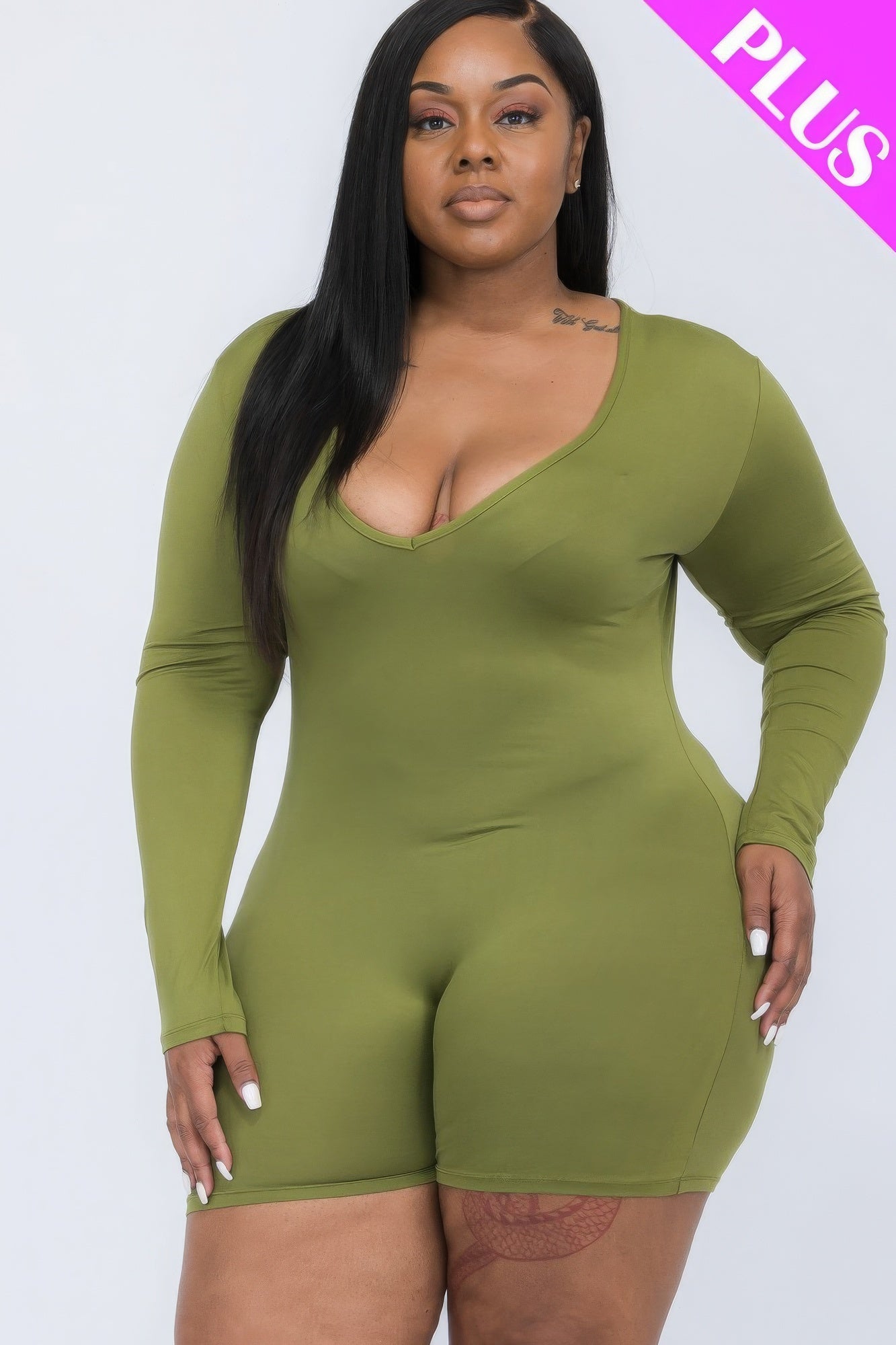Plus V-neck Long Sleeve Bodycon Romper NicholesGifts