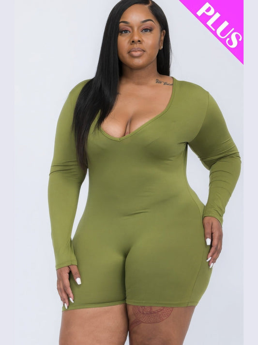 Plus V-neck Long Sleeve Bodycon Romper NicholesGifts