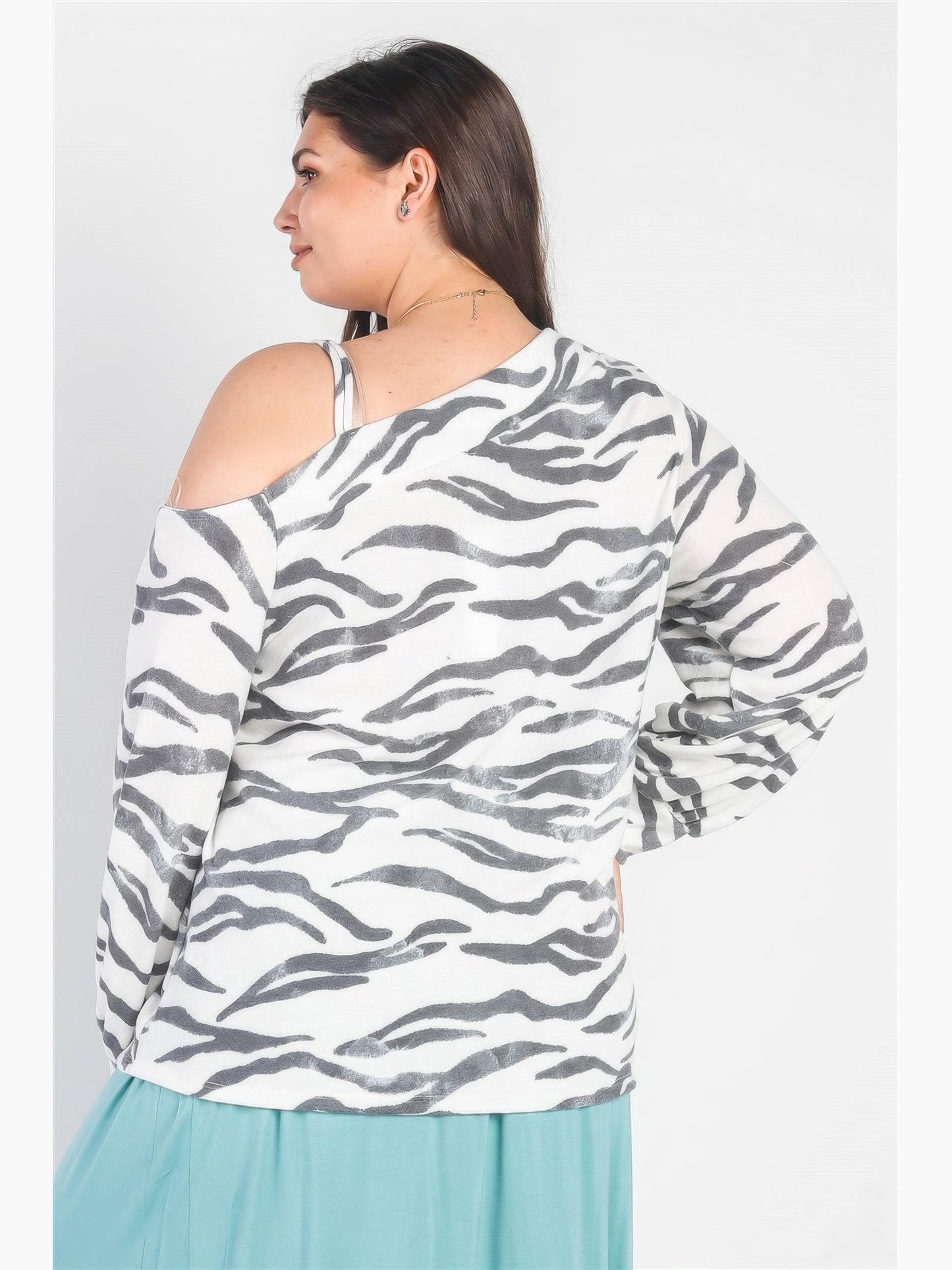 NicholesGifts Plus Size Women White & Charcoal Zebra Flannel Cold Shoulder Top