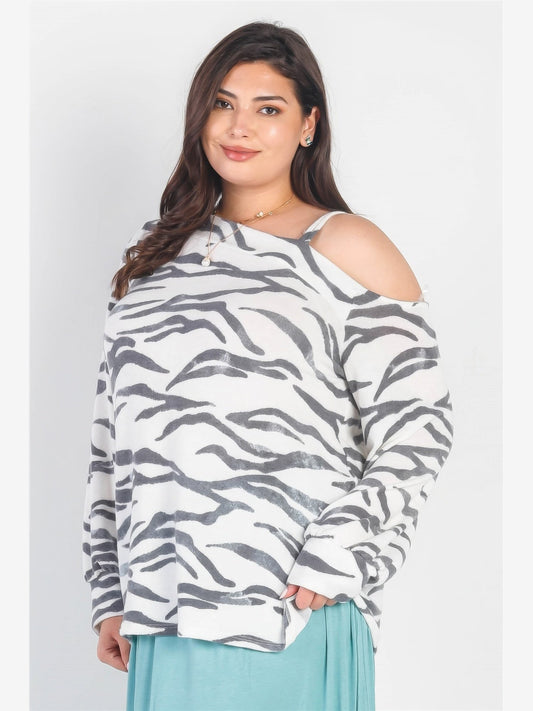 NicholesGifts Plus Size Women White & Charcoal Zebra Flannel Cold Shoulder Top