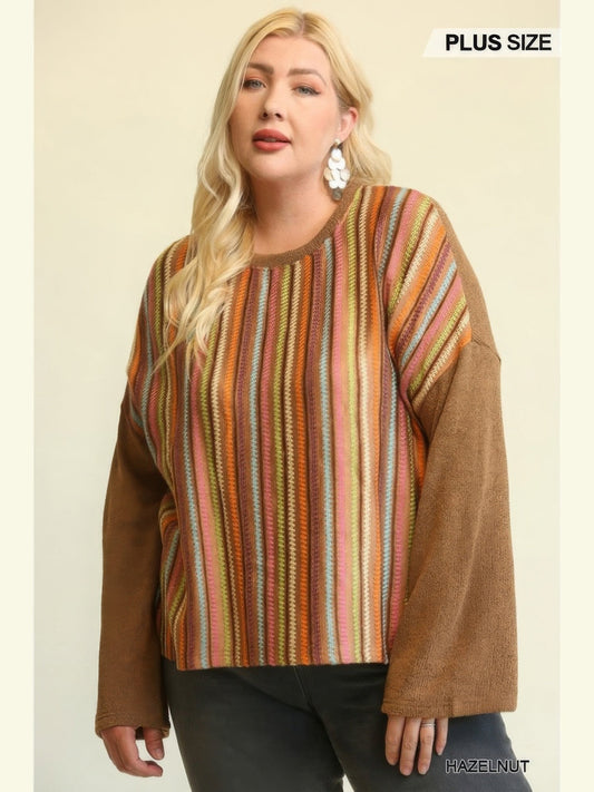 Plus Size Women Novelty Knit And Solid Knit Mixed Loose Top