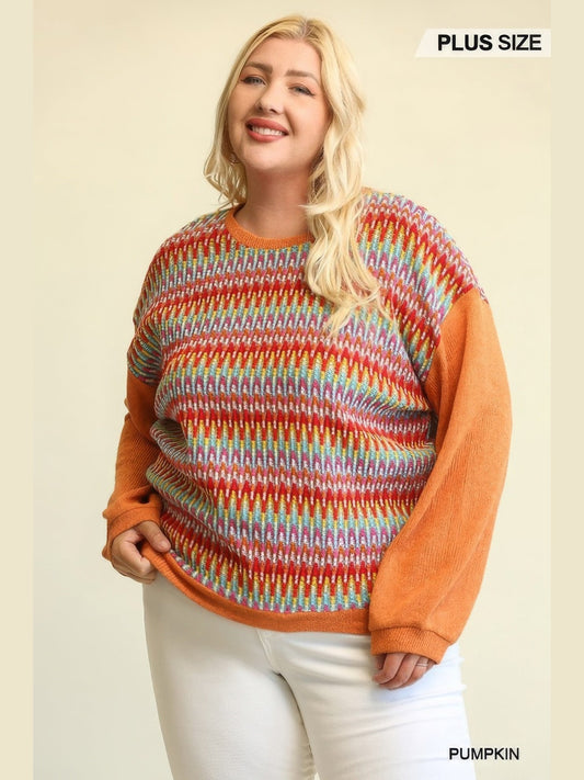 Plus Size Women Novelty Knit And Solid Knit Mixed Loose Top