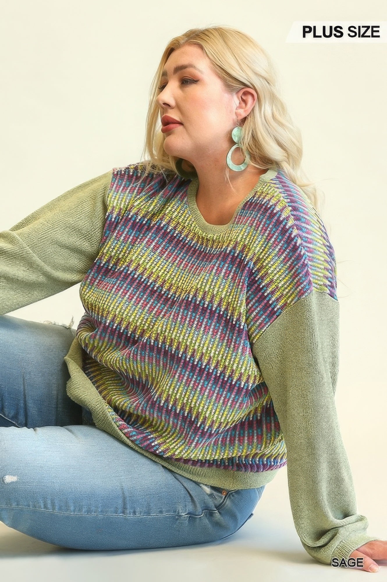 NicholesGifts Plus Size Women Novelty Knit And Solid Knit Mixed Loose Top With Drop Down Shoulder NicholesGifts