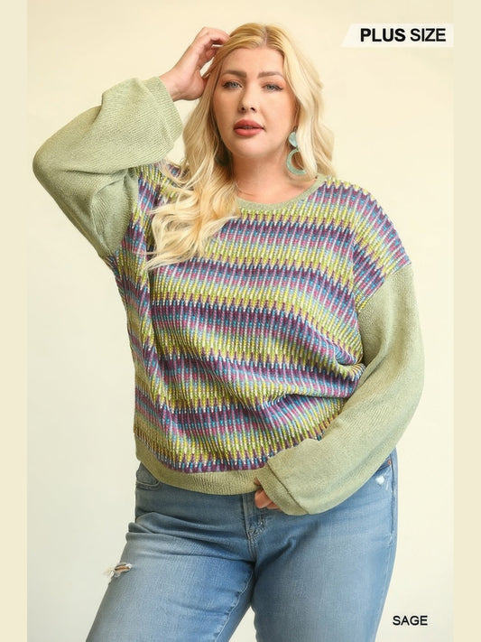 Plus Size Women Novelty Knit And Solid Knit Mixed Loose Top With Drop Down Shoulder NicholesGifts