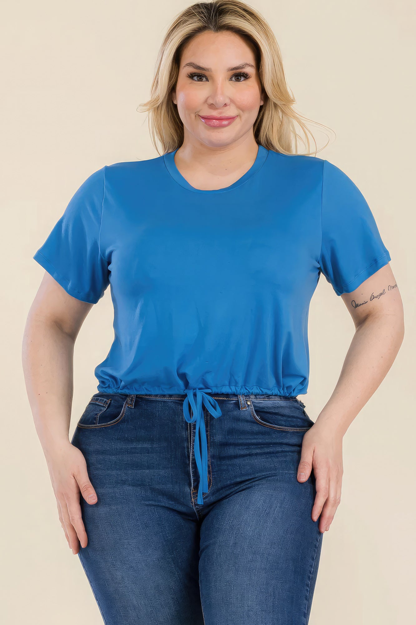 Plus Size Tie Front Drawstring Short Sleeve Crop Top NicholesGifts