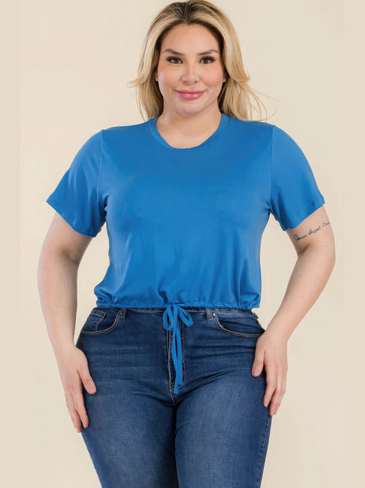 Plus Size Tie Front Drawstring Short Sleeve Crop Top NicholesGifts