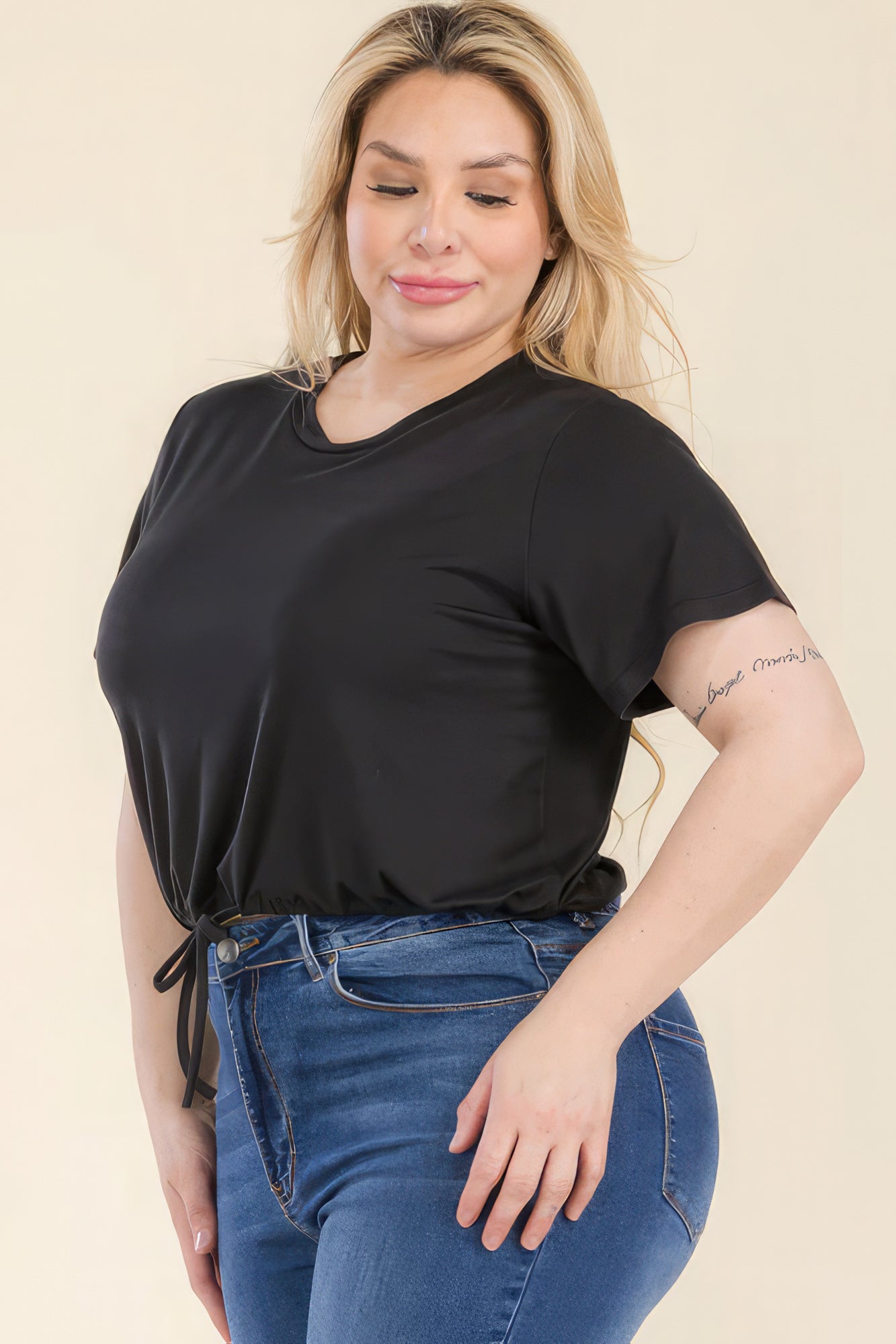 Plus Size Women Tie Front Drawstring Short Sleeve Crop Top NicholesGifts