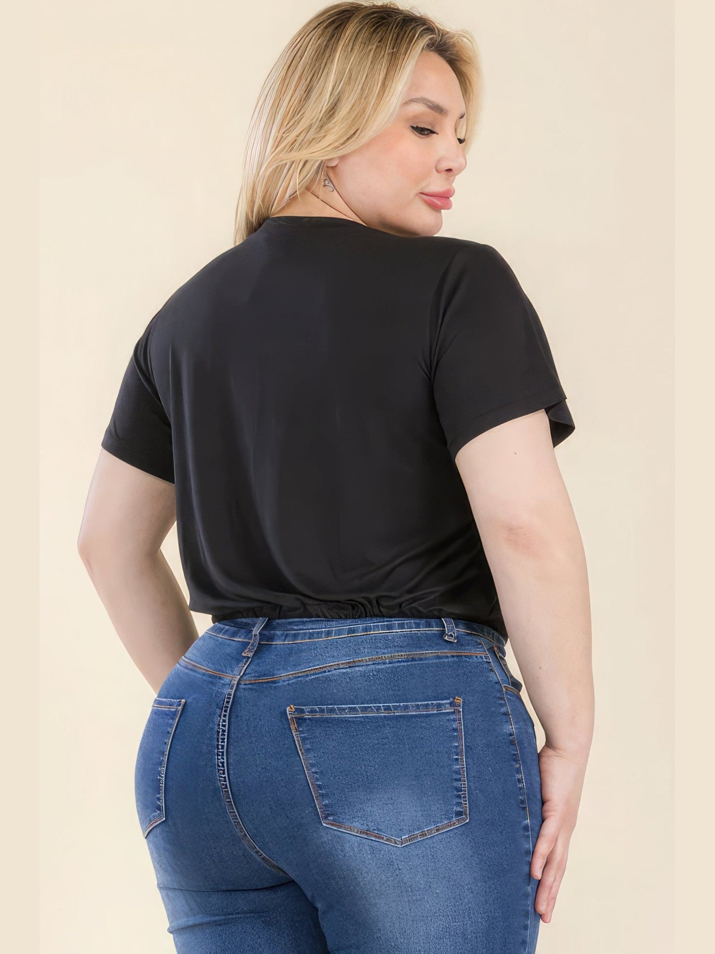 Plus Size Women Tie Front Drawstring Short Sleeve Crop Top