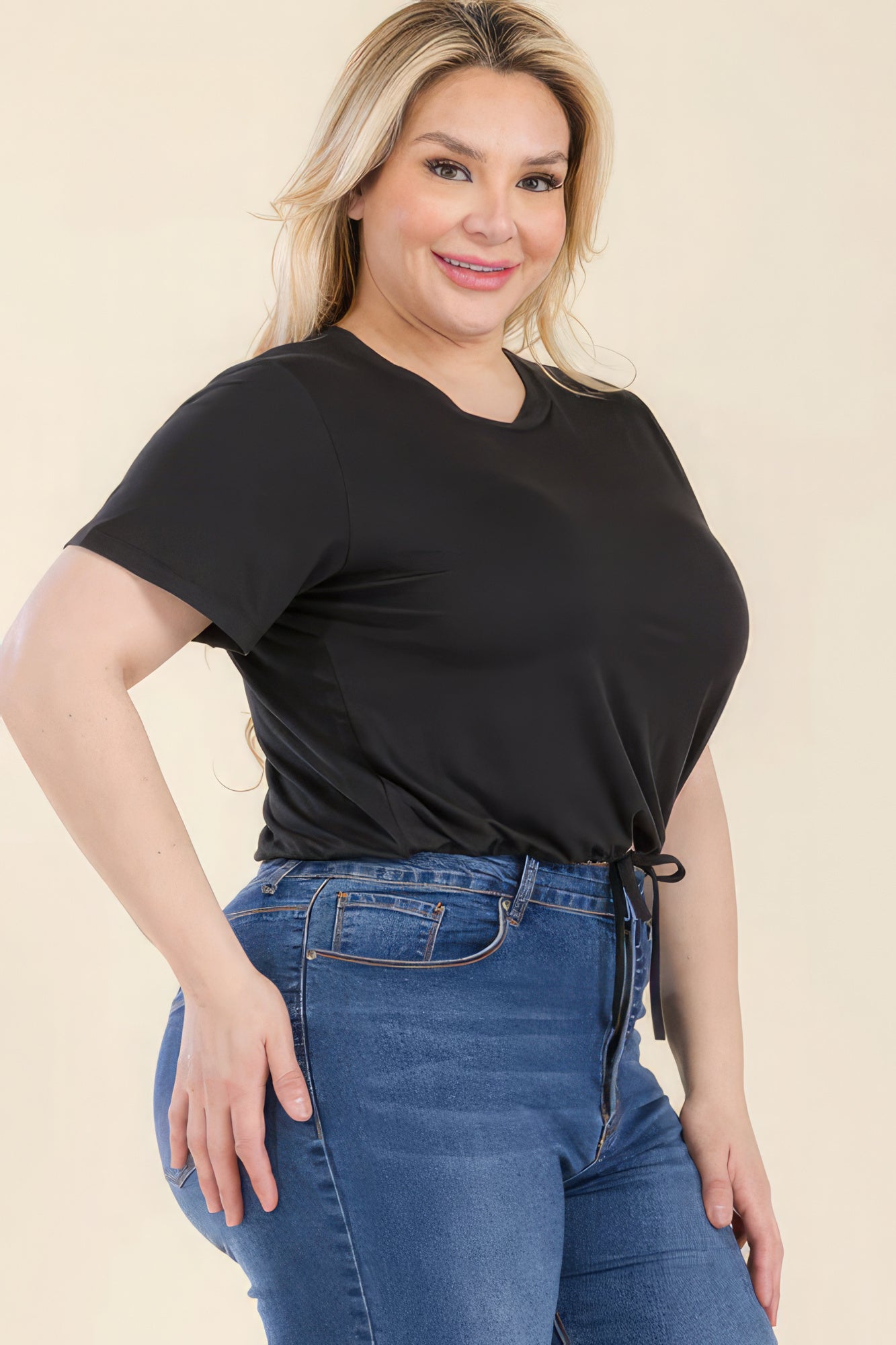 Plus Size Women Tie Front Drawstring Short Sleeve Crop Top NicholesGifts