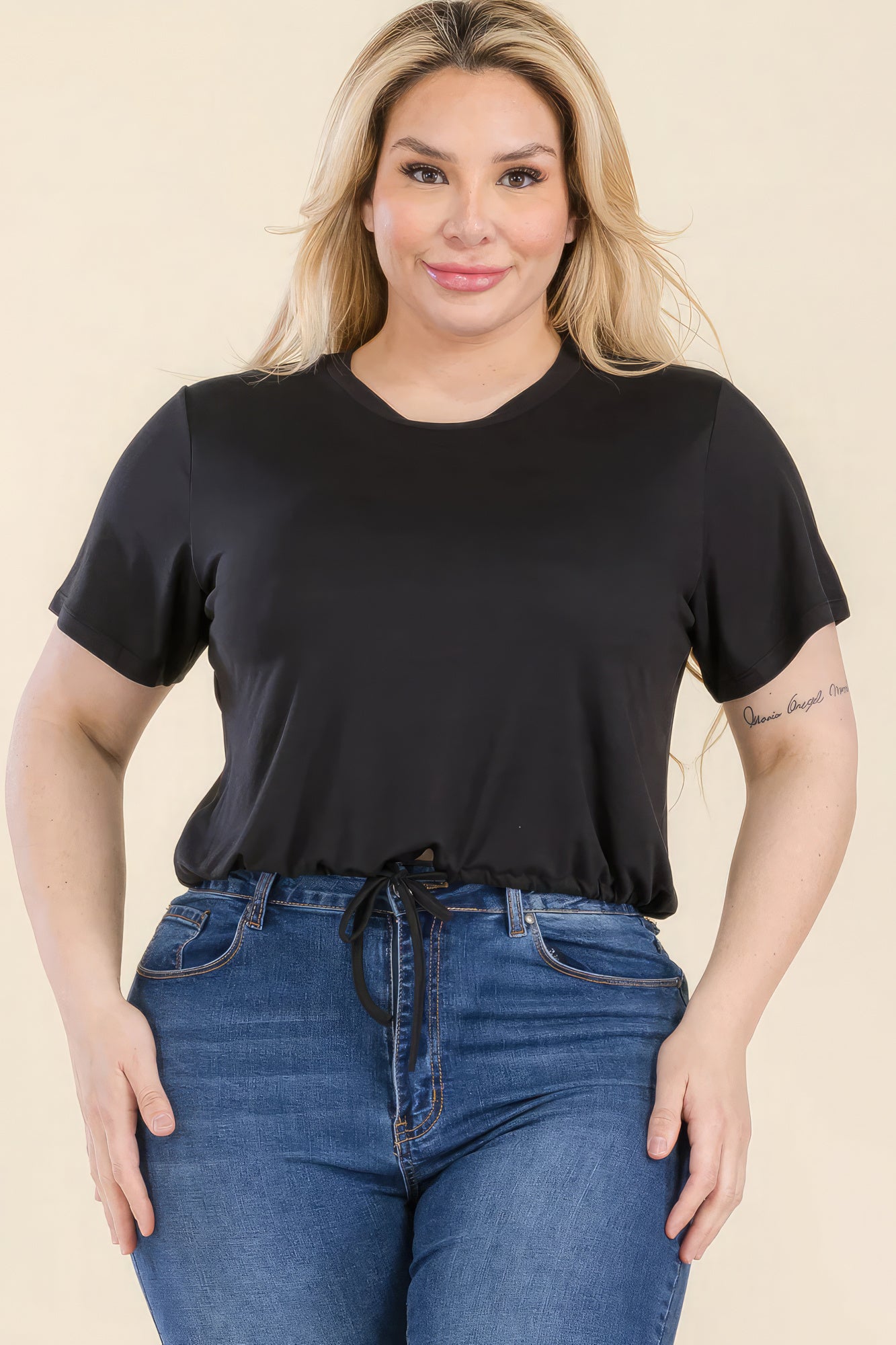 Plus Size Women Tie Front Drawstring Short Sleeve Crop Top NicholesGifts