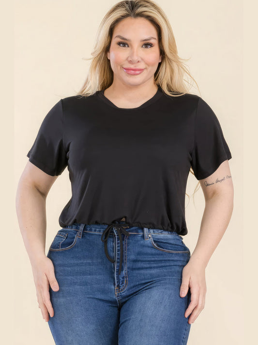 Plus Size Women Tie Front Drawstring Short Sleeve Crop Top