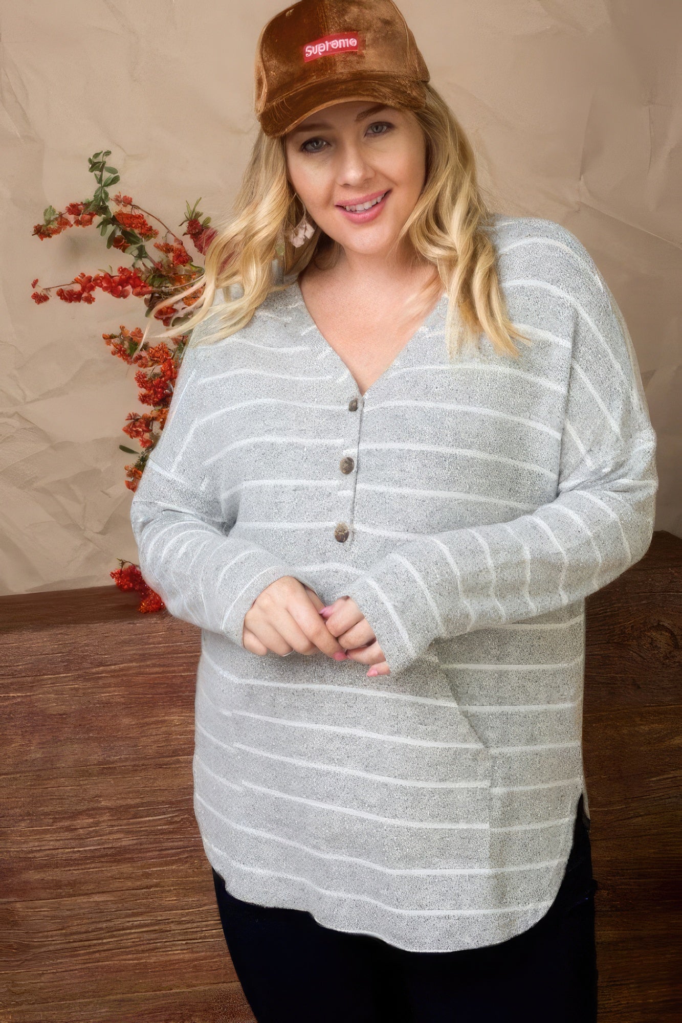 NicholesGifts Plus Size Women Brushed Hacci Two Tone Stripe Top NicholesGifts
