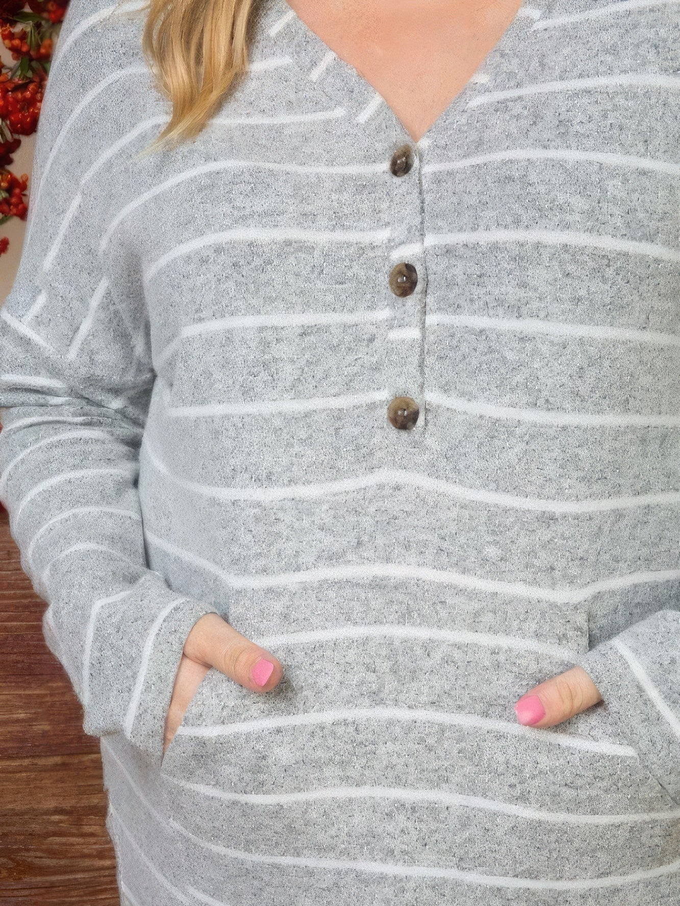 Plus Size Women Brushed Hacci Two Tone Stripe Long Sleeve Top