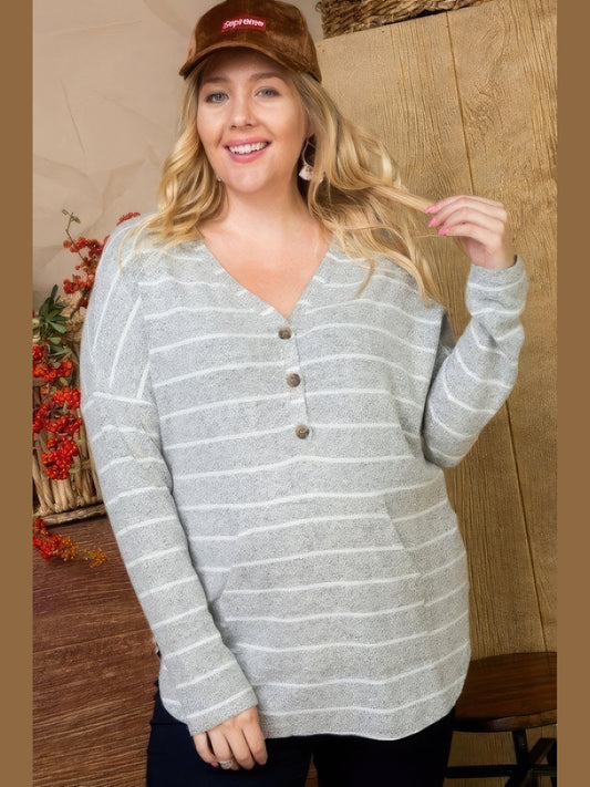 Plus Size Women Brushed Hacci Two Tone Stripe Long Sleeve Top