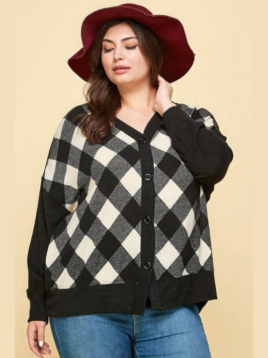 Plus Size Women Buffalo Plaid Knit Button Up Oversize Cardigan
