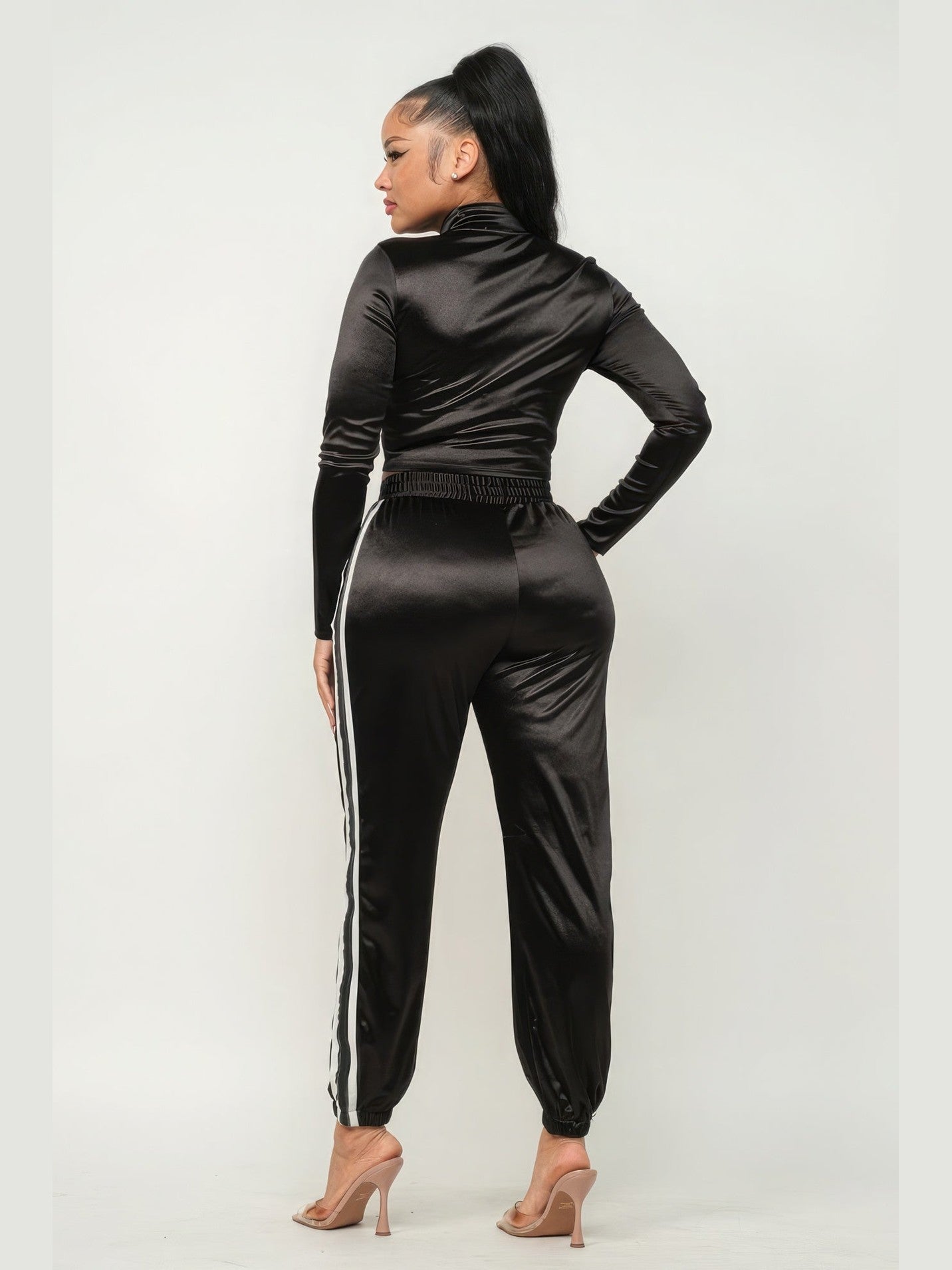 Women Front Zip Up Stripes Detail Jacket And Pants Set NicholesGifts