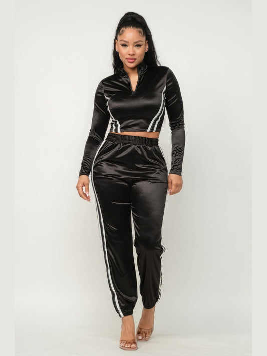 Women Front Zip Up Stripes Detail Jacket And Pants Set NicholesGifts