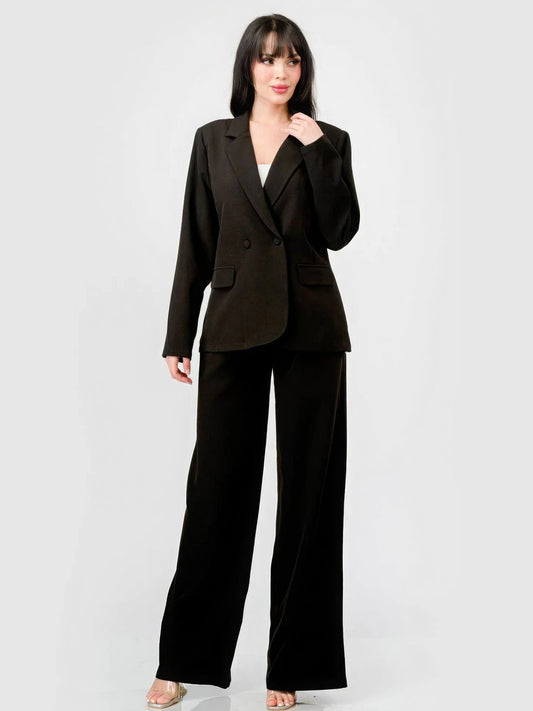 Women Luxe Stretch Woven Loose Fit Blazer And Wide Legs Pants Semi Formal Set NicholesGifts