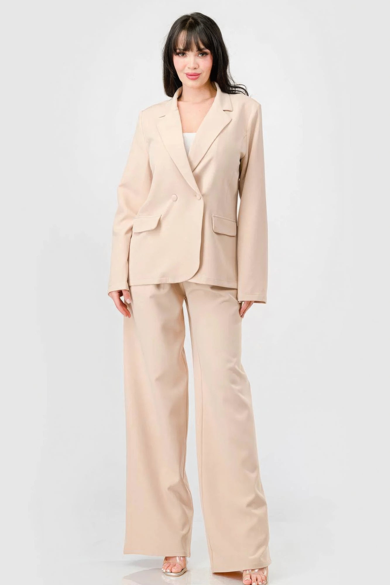 Women Luxe Stretch Woven Loose Fit Blazer And Wide Legs Pants Semi Formal Set NicholesGifts