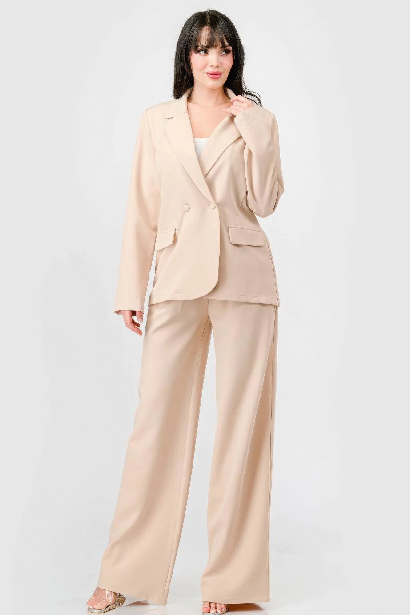 Women Luxe Stretch Woven Loose Fit Blazer And Wide Legs Pants Semi Formal Set NicholesGifts