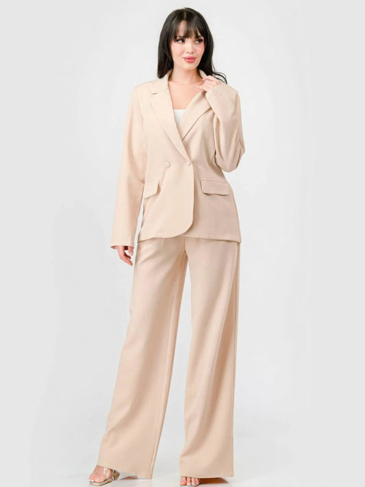 Women Luxe Stretch Woven Loose Fit Blazer And Wide Legs Pants Semi Formal Set NicholesGifts