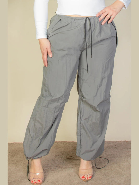 Plus Size Women Drawstring Waist Parachute Gray Colored Pants NicholesGifts
