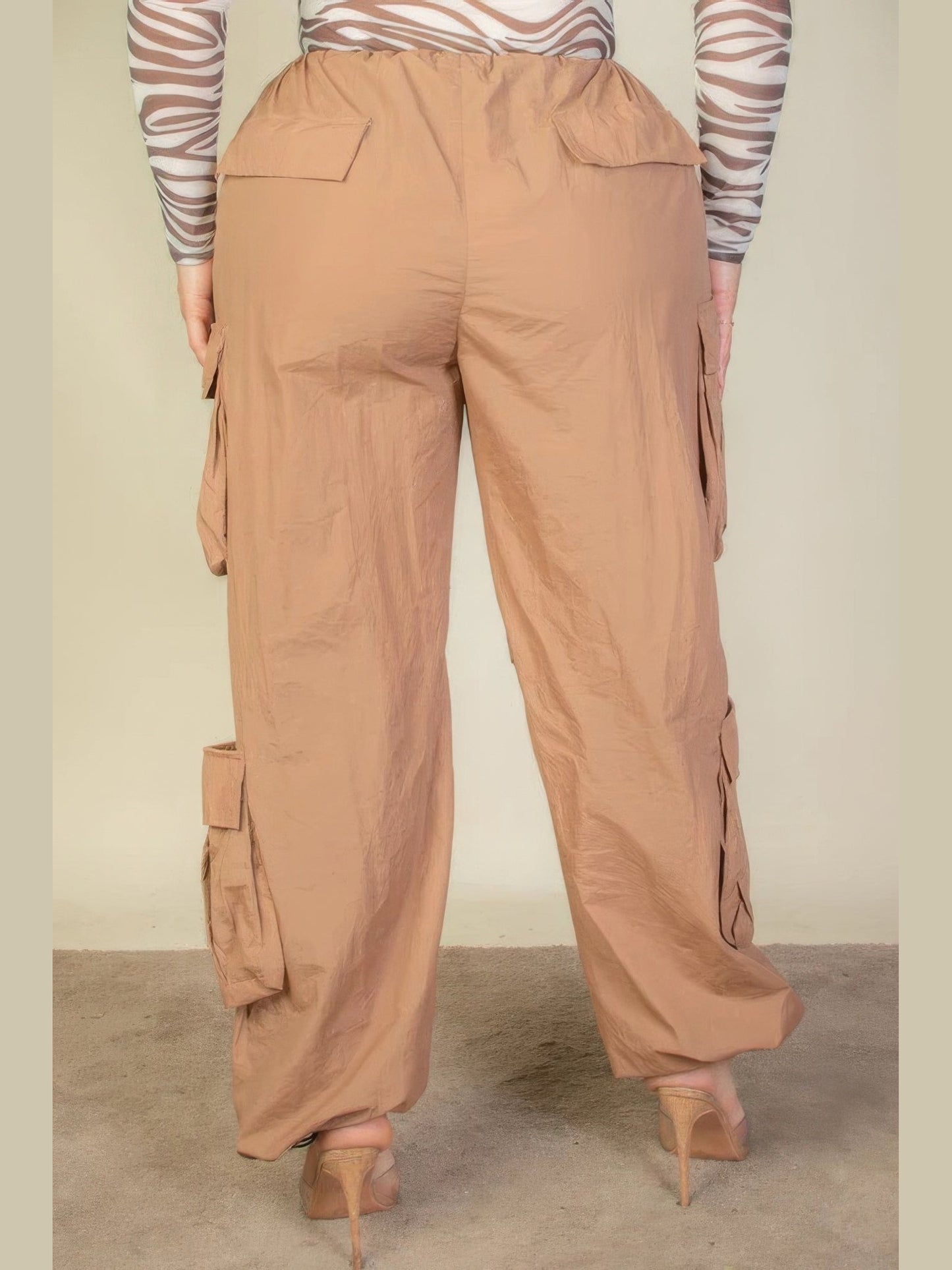 Plus Size Women Flap Pockets Drawstring Ruched Parachute Pants
