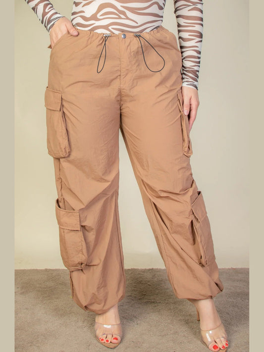 Plus Size Women Flap Pockets Drawstring Ruched Parachute Pants