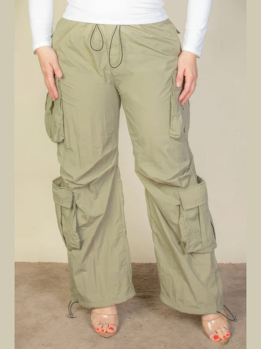 Plus Size Women Flap Pockets Drawstring Ruched Parachute Pants