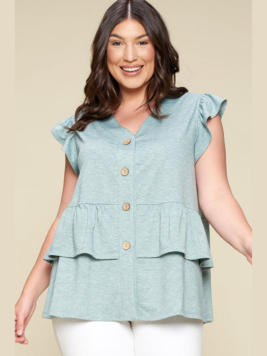 Plus Size Women Solid Button Flutter Sleeve Top