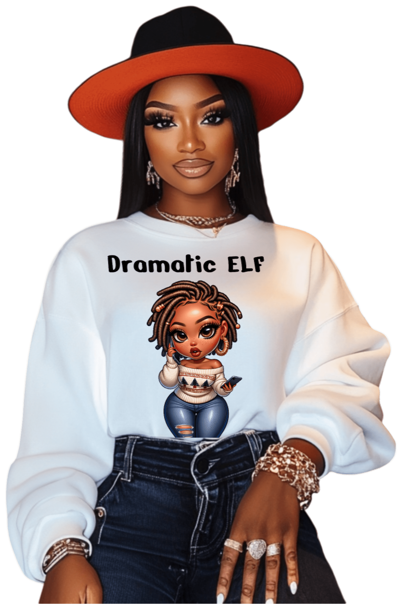 NicholesGifts African American Women Dramatic Elf Gold Locks Crewneck Christmas Sweatshirt NicholesGifts