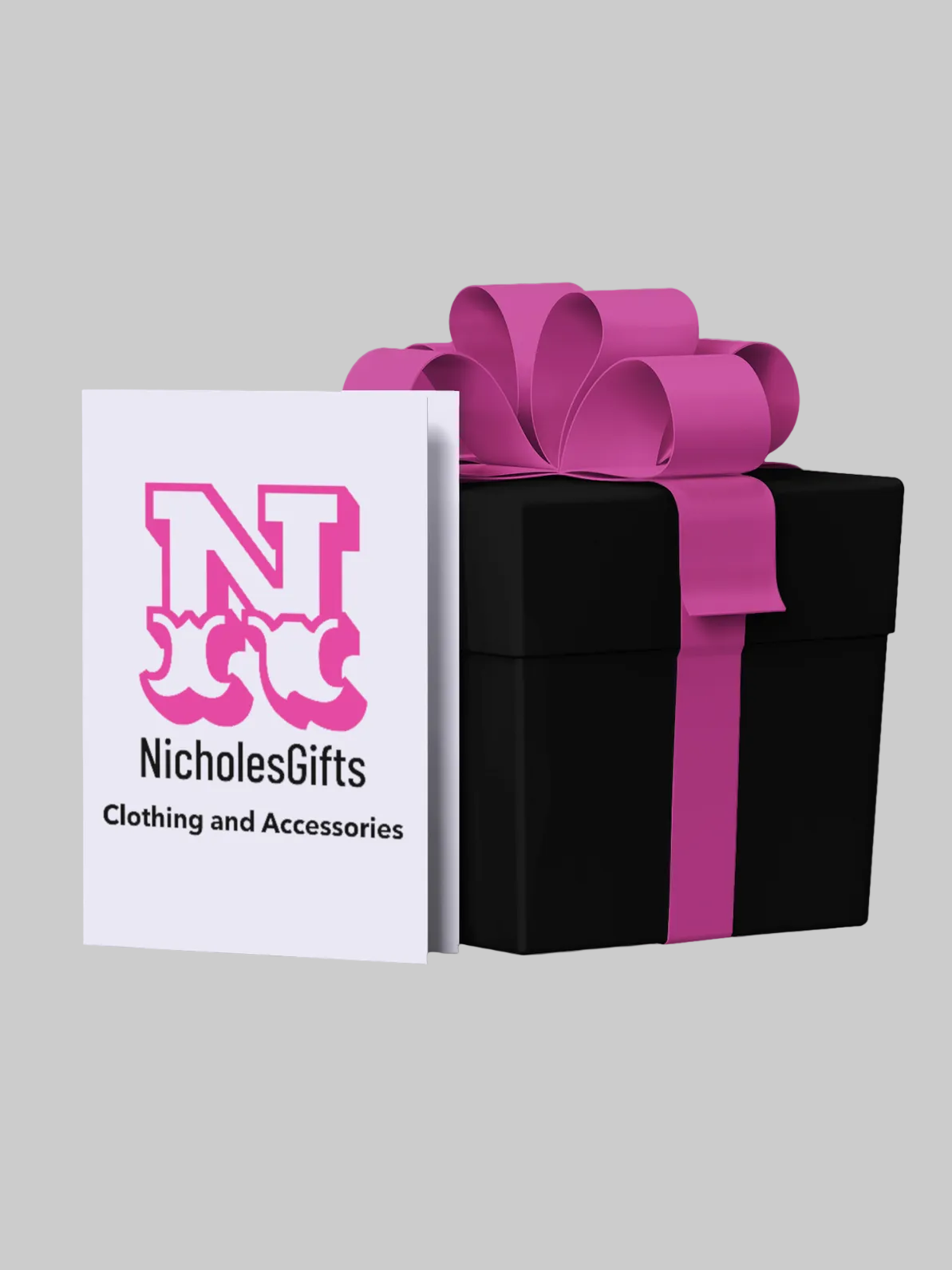 NicholesGifts Gift Card is a gift card beside a black gift box with a pink ribbon and bow NicholesGifts