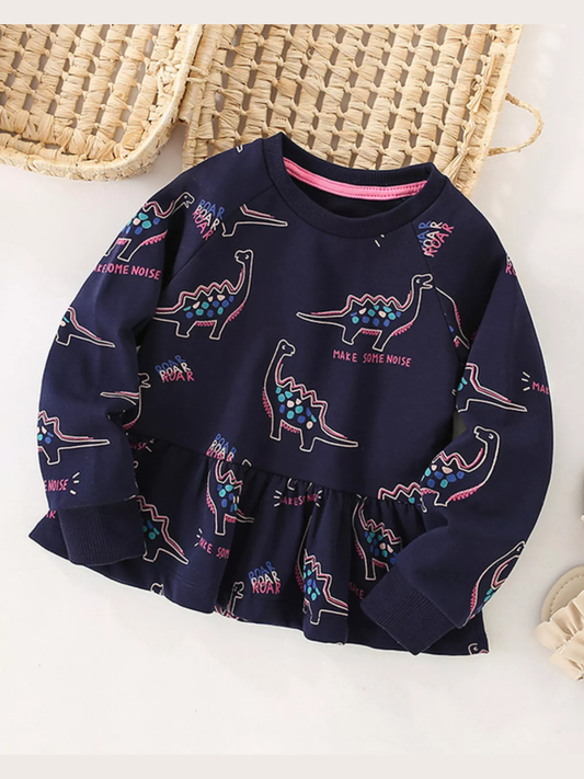 Girls and Toddler Girls Dinosaur Print Ruffle Hem Sweatshirt NicholesGifts