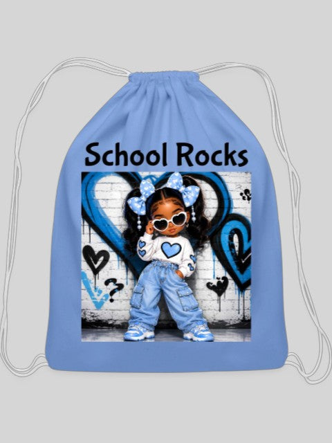 African American Toddler Girls School Rocks Blue Cotton Drawstring Bag For Back To School NicholesGifts