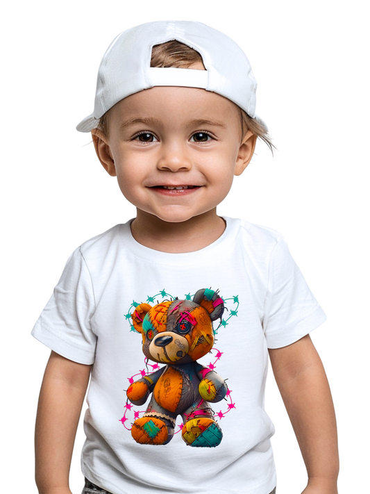 Toddler Boys Orange Multicolored Teddy Bear Crewneck Short Sleeve T-Shirt