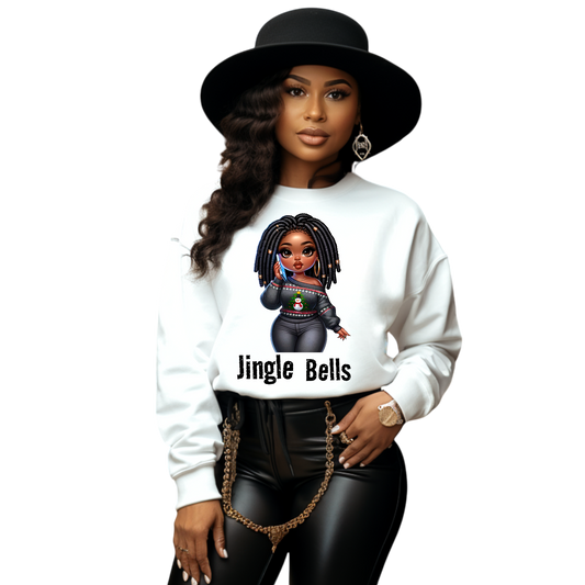 African American Women wearing Jingle Bells Christmas crewneck sweatshirt