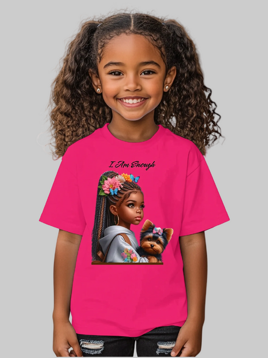 Girls short sleeve t-shirt in vibrant pink with African American girl and puppy graphic and "I Am Enough" text, showcasing African American Girls I Am Enough design.