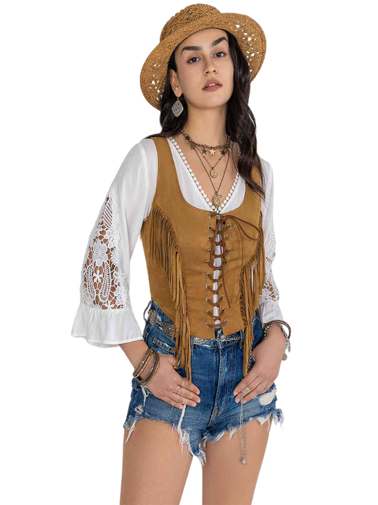 Women Fringe Lace-Up Vest