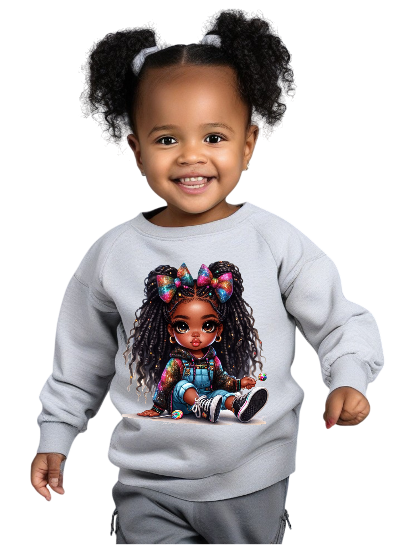 African American Toddler Girls Braids and Bows Long Sleeve Crewneck Sweatshirt