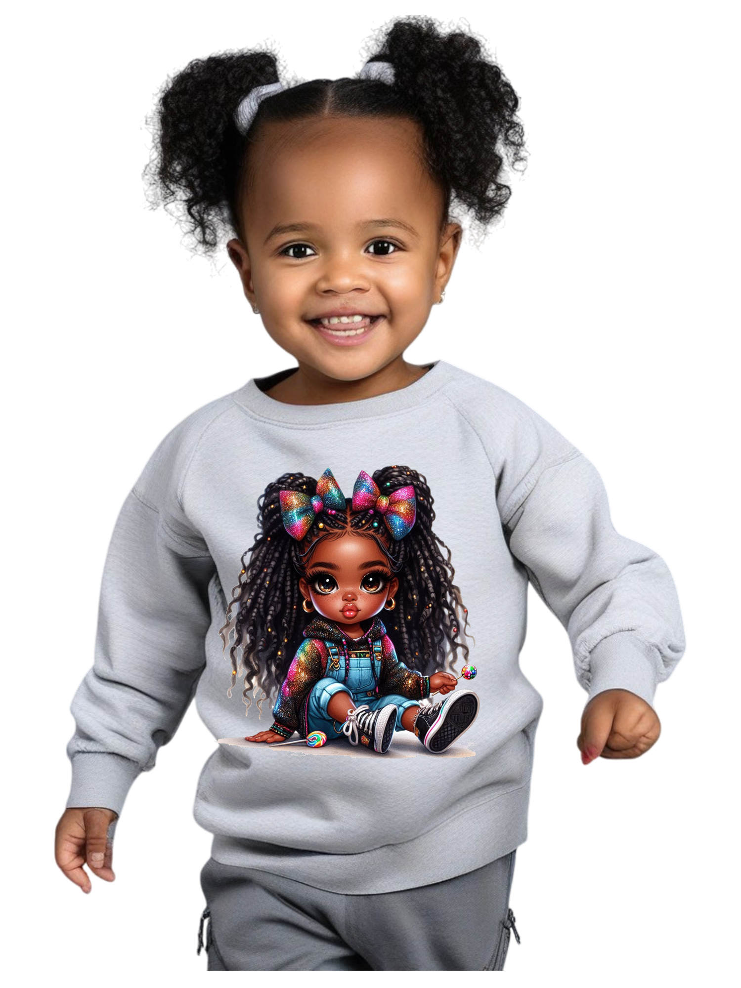 African American Toddler Girls Braids and Bows Long Sleeve Crewneck Sweatshirt