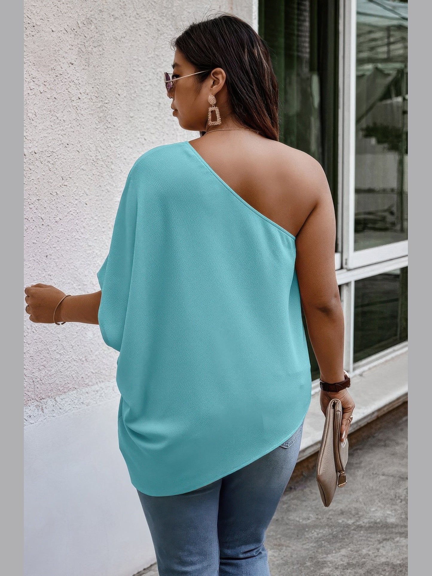 Plus Size Women One Shoulder Solid Casual Loose Fit Shirt