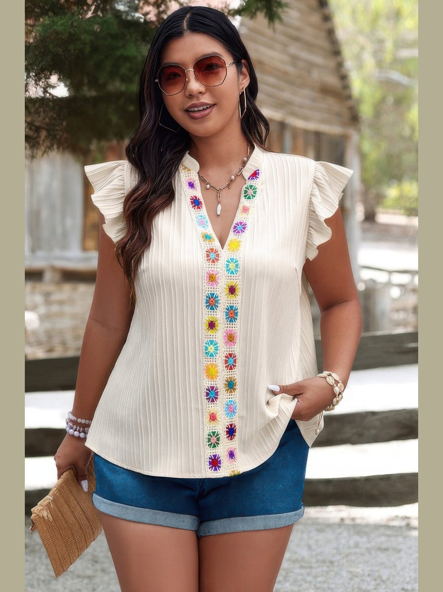 Plus Size Women Pleated Print V Neck Ruffle Fit Shirt