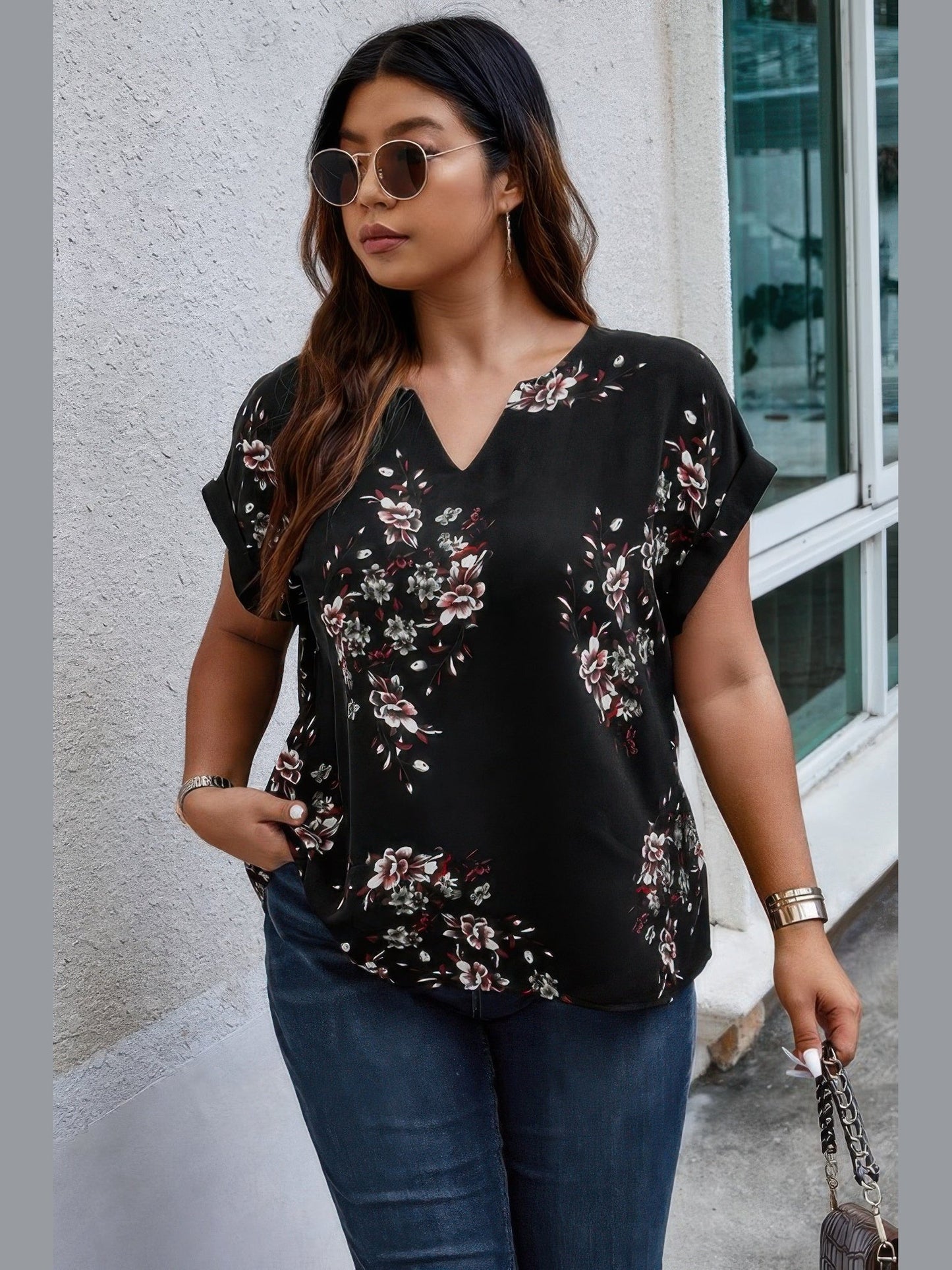 Plus Size Floral Print V Neck Loose Blouse NicholesGifts